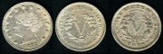 the "V" Nickel (http://en.wikipedia.org/wiki/Nickel_(U.S._coin)) (1883-1913) in "Cents" and "No Cents" varieties